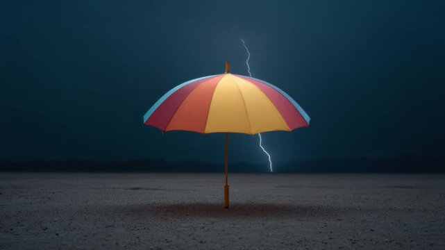 Colorful Umbrella Stands Alone Under Stormy Sky with Lightning Striking in the Distance 4k video footage