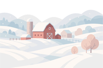 Cozy winter farm scene with snow-covered hills and trees in pastel tones