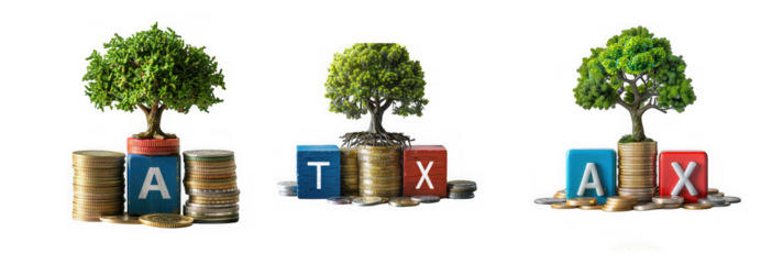 Three stylized trees growing from stacks of coins spelling out tax on transparent background high quality professional