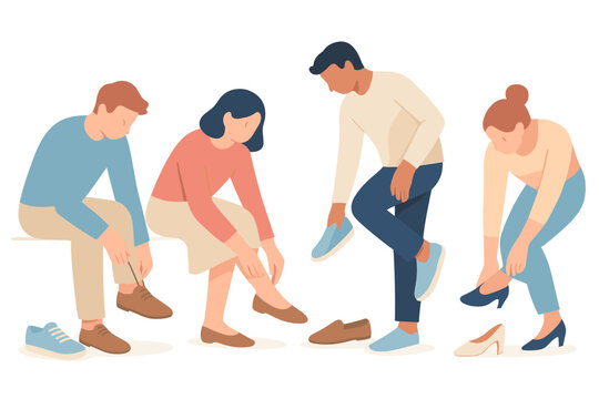 Group of people trying on shoes in a store setting with minimalist design
