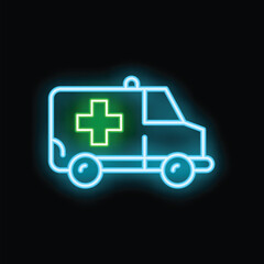 Obraz premium Neon ambulance icon is glowing on a dark background
