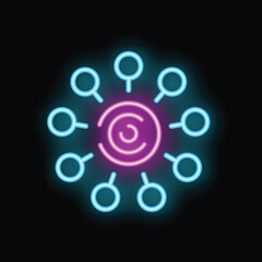 Abstract neon icon representing the concept of information spreading from a central source to multiple destinations