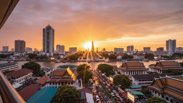 The sun sets behind towering buildings as it casts rays over the historic temple and bustling riverbank. The vibrant sunset glow reflects on the water and highlights the lively str
