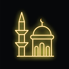 Neon sign depicting a mosque with minarets and dome illuminated in yellow light