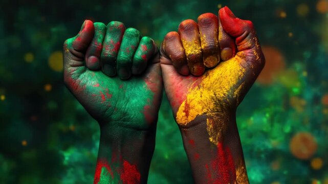 Juneteenth Emancipation Day. Raised fists covered in vibrant powder, symbolizing celebration, unity, African Colors Rasta Fist raise up in red, green, yellow colors. Black History Month Background