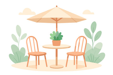 Cozy outdoor patio scene with table, chairs, and umbrella in soft pastel colors