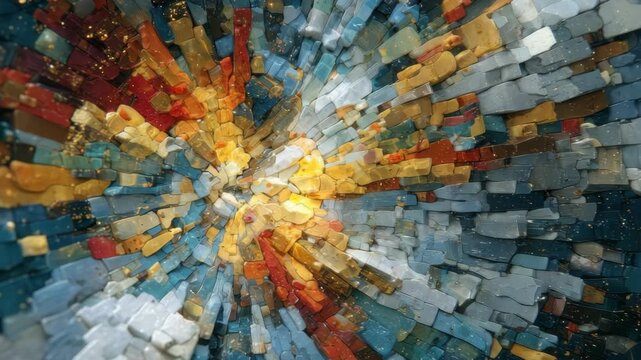 Abstract composition of multicolored glass tiles forming a radial burst pattern exploding outward on a dark background, symbolizing energy release