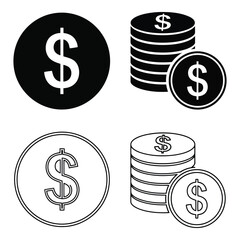 Dollar coins and stacks in various designs