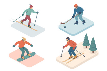 Obraz premium Isometric winter sports activities: skiing, snowboarding, and ice hockey scene