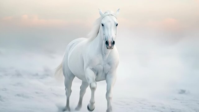 White mare running through a snowy winter landscape in motion sequence capturing grace.