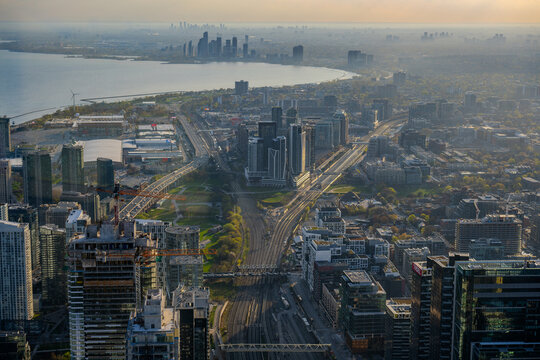 Busy rail lines and highways cutting through downtown Toronto waterfront