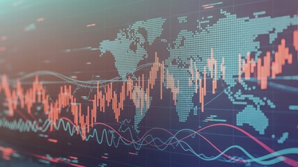 World map overlayed with financial charts, representing global market trends and analysis. The digital display provides insights into economic data and statistics.