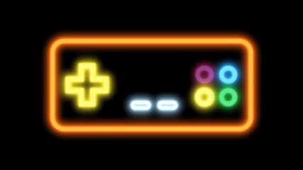 Animated neon game controller with colorful buttons pulsing on a black background. Perfect for gaming, esports, and retro themes