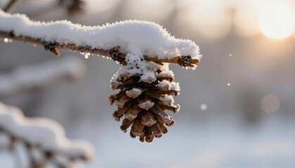 A snow-covered pinecone hanging from a frosted branch, In What Style: Macro nature photography with golden backlighting, In What Colors: Rich brown, crisp white and soft blue against warm sunlit glow,