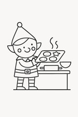 elf baking cookies line-art style vector