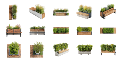 Urban Planter And Bench Designs Set. Modern Outdoor Furniture And Greenery Collection Isolated On Transparent Background