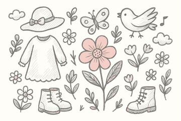 Charming hand-drawn doodle set with nature and fashion elements
