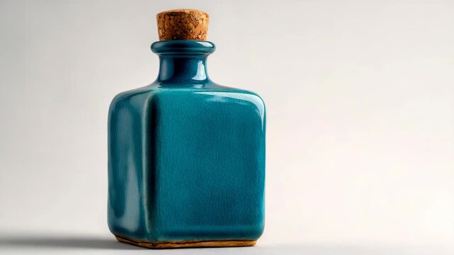 Elegant square turquoise ceramic bottle with cork stopper, photographed on a neutral background, showcasing minimalist vintage style