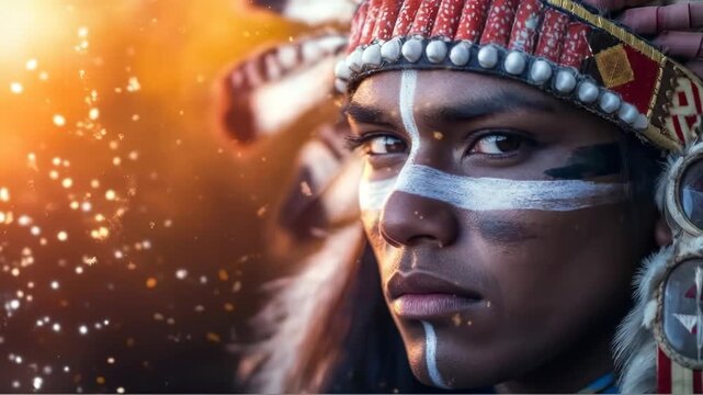 Portrait of an Indigenous Warrior with Face Paint and Traditional Headdress at Sunset gold bokeh background with copy space. Banner for Native American Heritage Month