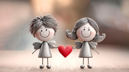 Two angel figurines hold a red heart-a symbol of love, tenderness, and harmony. A minimalist, romantic composition for holiday and family projects.
