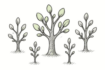 Fototapeta premium Hand-drawn sketch of stylized trees with green leaves on white background