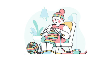 Person knitting a colorful scarf while sitting in a chair.