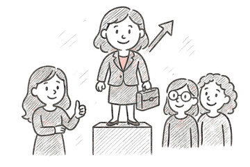 Business success: hand-drawn sketch of confident leader on podium with supportive team