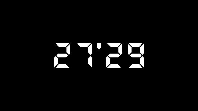 Stopwatch numbers counting from 30 minute digital countdown, minutes, seconds, decimal point, timer, alpha channel
