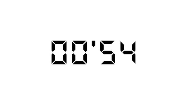 Stopwatch numbers counting from 60 to 0 seconds, digital, countdown, minutes, decimal point, timer, alpha channel