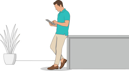 Modern workspace illustration, casual outfit, tablet interaction, indoor plant decor, clean setting concept, cad drawing flat vector illustration