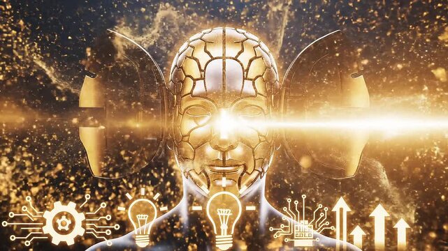 Conceptual visualization of human creativity and innovation, depicting a digital brain with light bulbs, gears, and upward arrows on a dark background
