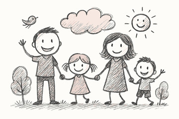 Happy family sketch drawing with smiling sun and nature elements