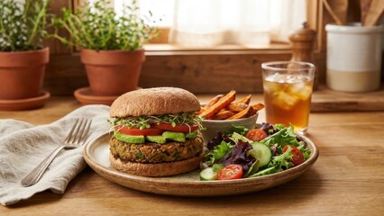 Healthy lunch with veggie burger and salad