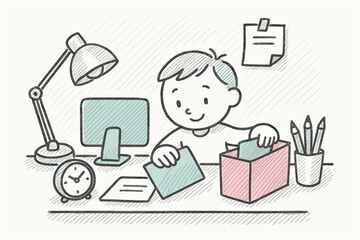 Cute hand-drawn office cartoon with child at desk