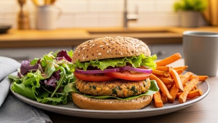 Fresh vegetable burger with sweet potato fries