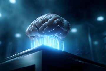 Brain with glowing blue connections on computer, symbolizing artificial intelligence and technology.