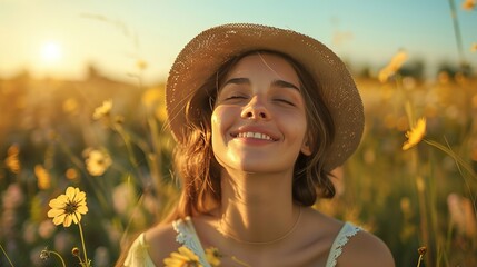 Woman enjoying wellness in sunny flower field feeling joy