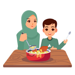 mother and daughter having breakfast with chicken opor and ketupat, Eid al Fitr traditional food