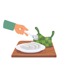 woman holding a plate with fork, traditional Indonesian food, Eid al Fitr Indonesian traditional food
