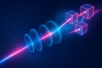 Futuristic technology holographic beam laser illustration symbolizing optical systems blockchain data transfer quantum communication and modern science