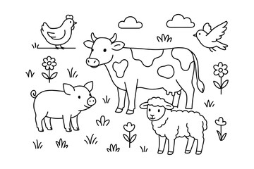Farm animals in pasture: black and white cartoon scene with cow, chicken, pig, and sheep