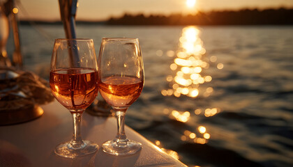 A closeup shot of two wine glasses on a boat during sunset. The glasses are filled with rose wine, and the sun casts a warm, golden hue over the scene. The water is calm.
