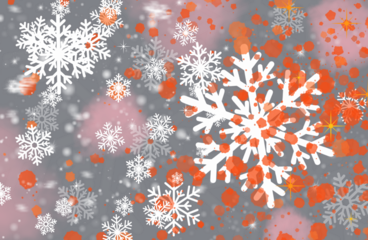 Abstract winter wonderland with bright snowflakes and festive orange splatters