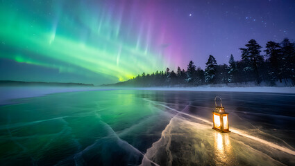 Northern Lights: Monumental View of Frozen Lake and Lantern.