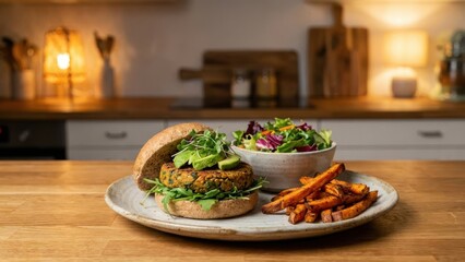 Delicious veggie burger with sweet potato fries and salad