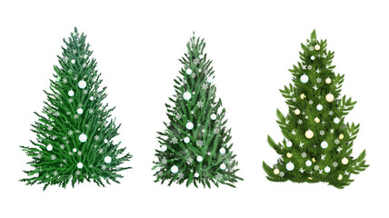 Fototapeta premium A festive collection of three beautiful christmas trees adorned with sparkling ornaments and lights