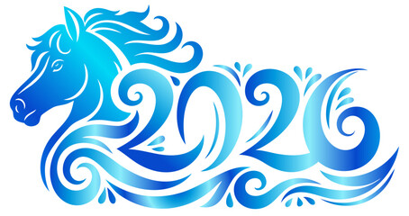 2026 Year of the Horse — Strong Horse with Flowing Mane in Blue Winter Metallic Gradient