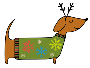 Christmas Dachshund Reindeer Dog – Cute Holiday Puppy Wearing Green Sweater with Colorful Snowflakes