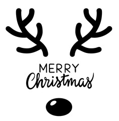 Naklejka premium Reindeer Christmas Face with Antlers and Merry Christmas Lettering