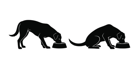 Two black silhouette dogs eating from bowls on a white background